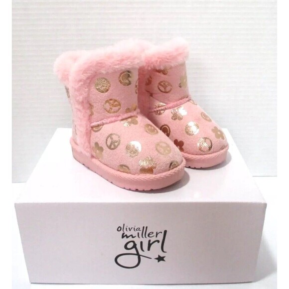 Olivia Miller Other - Olivia Miller Pink Smiley Flower Peace Toddler Girls Winter Boots Faux Fur Sz 7